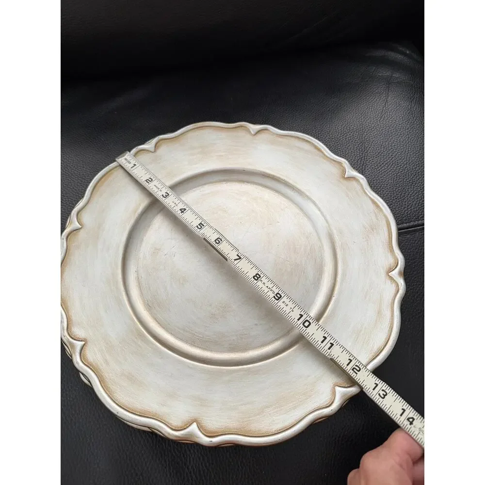 Set of 4 Pier 1 One Chargers 12.5” Brushed Silver Tone Gold Scalloped Edge